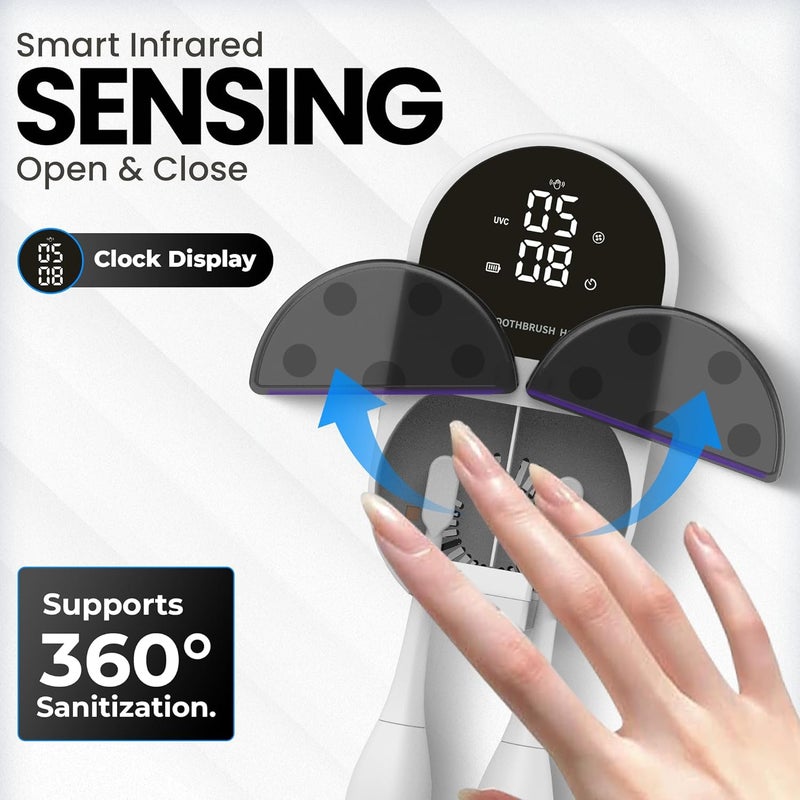 JetFresh UV Toothbrush Sanitizer Holder & Cleaner with Led Clock Display, Hands-Free Wave Sensing & Dual Toothbrush Storage - Wall Mounted UV Tooth Brush Sanitizer Holder for Bathroom Decor, Fits All Brushes - Image 2